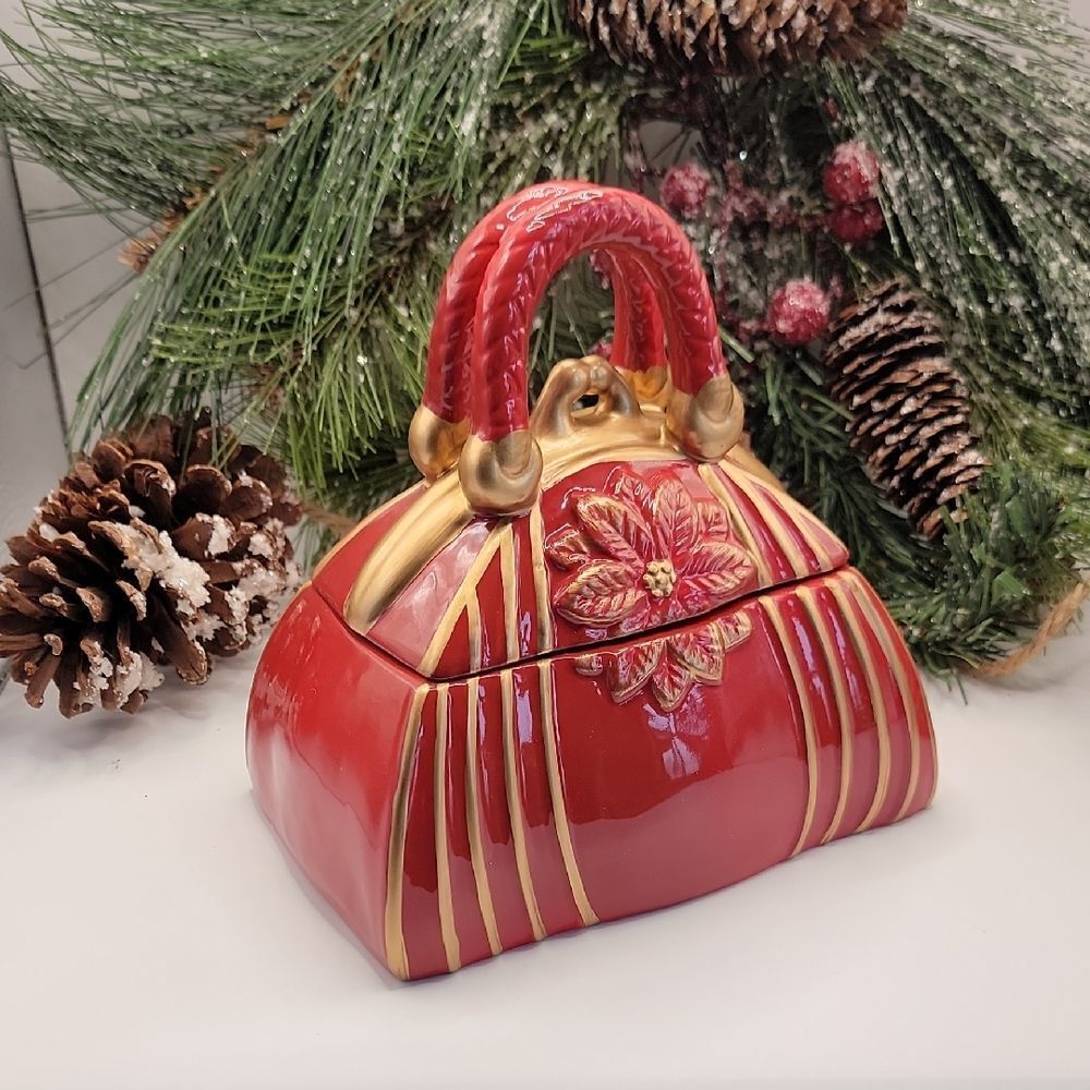 Vintage Davids Cookies Ceramic Handbag Cookie Jar Christmas Pointsetta